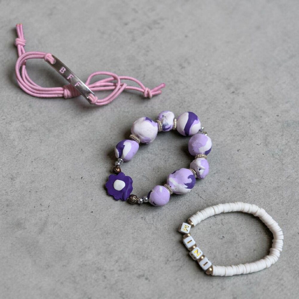 Girls Bracelet Set BFF Mini Purple Beaded Stretch Friendship Bracelets 3pc